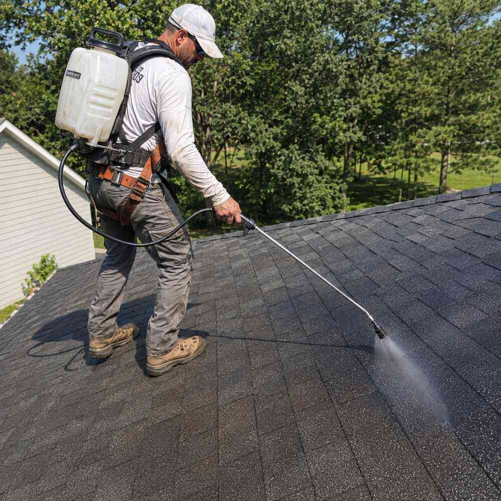 Contractor applying roof rejuvenation treatment to asphalt shingles